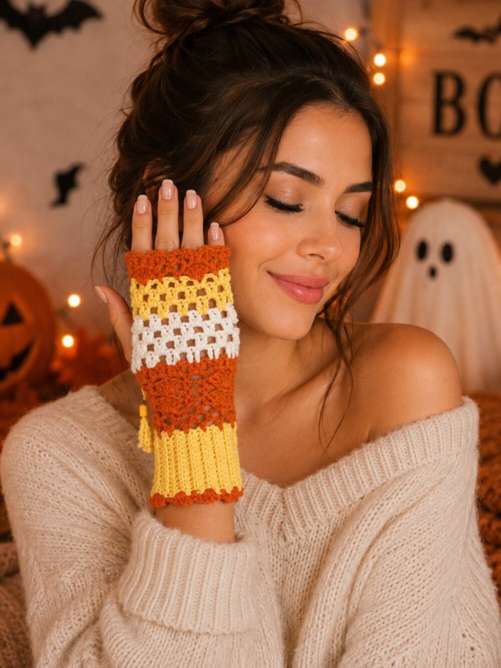 Hot Topic Candy Corn Knit Fingerless Gloves Halloween New